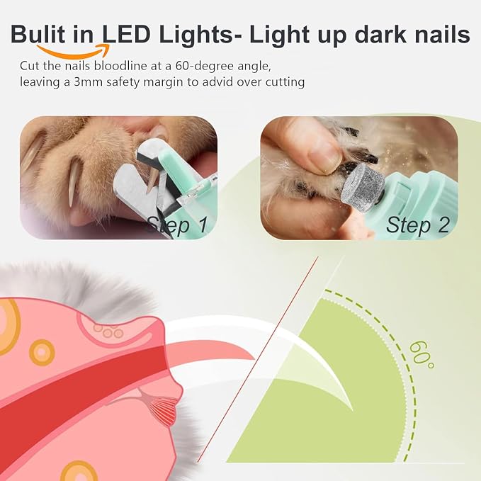 2-in-1 Dog Nail Grinder & Dog Nail Clippers Trimmers for Large Medium Small Dogs Cats Pets Claw Trimmer with LED Lights (Green)