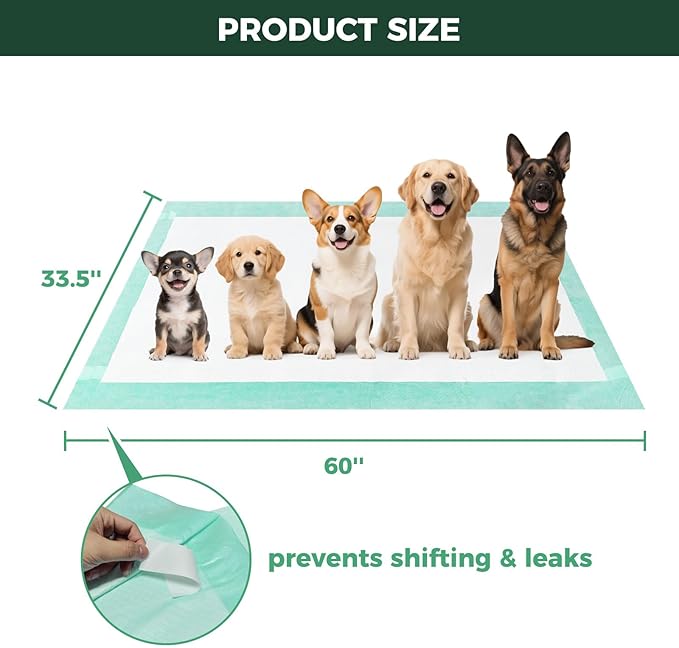 FXW XXL Puppy Pee Pads for Dogs 60x33.5 inch 20 Count, 5 Layer Super Absorbent & Leak Proof-Thickened Disposable Potty Training Pad, Fits 32" H 6/8 Panel FXW Playpen-Green (Playpen not Included)