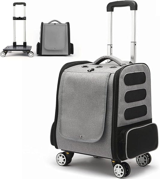 Pet Trolley Backpack,Cat Carrier with Wheels,Dog Rucksack Bag Pet Stroller,Multi-Function Rolling Carrier with Adjustable Height, Cats,Puppies Travel Bag Luggage Box with Telescopic Handle