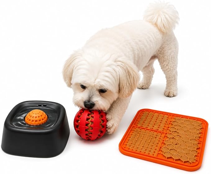 3-in-1 Slow Feeder Dog Bowl Set with Lick Mat, Treat Dispensing Ball, Puzzle Toy Feeder, Non Slip Pet Food Dish, Lick and Roll Feeding Solution, Anxiety Relief, Small Breed Feeding Kit