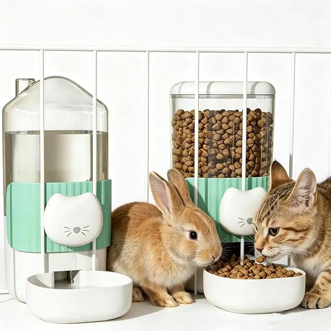 Hanging Automatic Cat Feeder and Water Dispenser Set, Gravity Pet Food & Water Bowl for Wire Cage, No-Spill Pet Feeding Station for Small Dogs Rabbits (Green)
