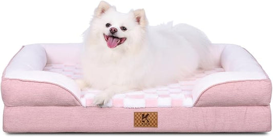 KSIIA Waterproof Dog Bed Orthopedic for XL Senior Dog Couch with Sides, Extra Thick Supportive Pet Bed Sofa with Soft Plush Cover and Non-Slip Bottom, 48 x 35 Inch, Pink