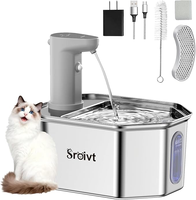 Cordless Cat Water Fountain Stainless Steel - Stainless Steel Cat Water Fountain Cordless - Water Fountain for Cats - Wireless Pet Water Fountain - Motion Sensor/Battery Operated 2.6L,1 Filter