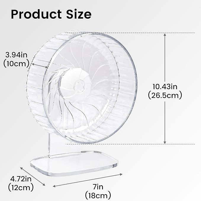 Silent Hamster Wheel, 10in Hamster Wheel with Adjustable Stand, Double-Bearing Quiet Spinner for Syrian Hamsters, Hedgehogs, Mice & Small Pets, Clear