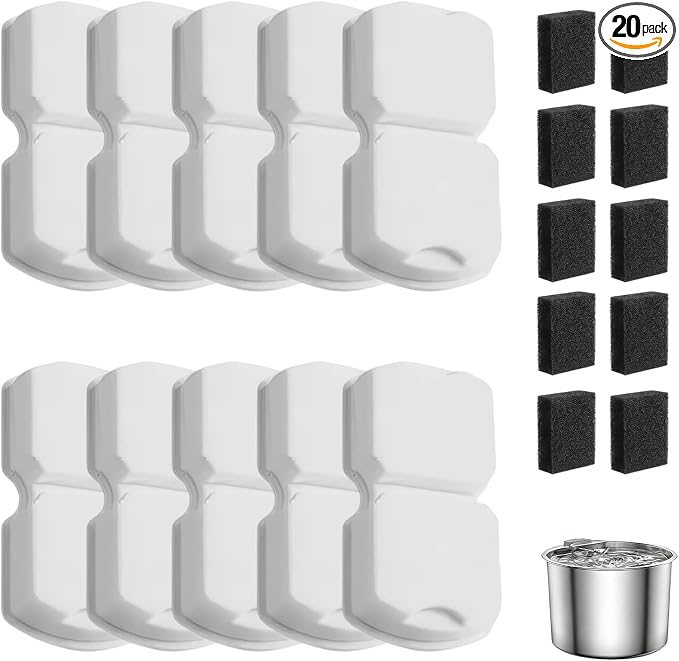 20 Pack Cat Water Fountain Filters Replacement - 10 Carbon Filters and 10 Foam Sponge Filters for Select Stainless Steel Cat Fountains S11