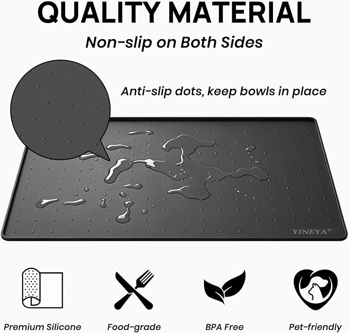 YINEYA 2 Pack Silicone Dog & Cat Food Mat Waterproof 18" x 12", Raised Edge Dog Bowl Mat for Food and Water, BPA-Free Non-Slip Pet Feeding Mats for Floors, Multifunctional Silicone Mat (Black)