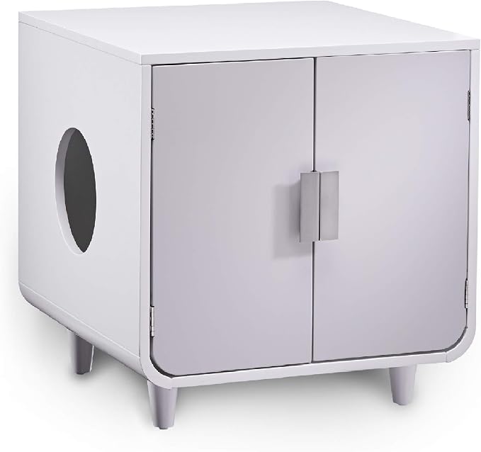 Staart Dyad Cat Litter Box Enclosure and Furniture Hidden Cat Home Side Table Nightstand Indoor Pet Crate Alpine White