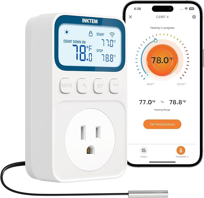 WiFi Plug in Thermostat Outlet, Temperature Controlled Outlet with Smart APP, Timer & Memory Digital Temp Controller -40~212℉, IP67 Waterproof Probe for Incubator Homebrew Reptile Space Heater | 16A