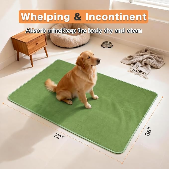 Washable Pee Pads for Dogs, Extra Large Reusable Dog Pee Pad, Waterproof Pet Mat, Dog Playpen Mats for Puppy Training Whelping Playpen Pads, Green, 72x36 inch