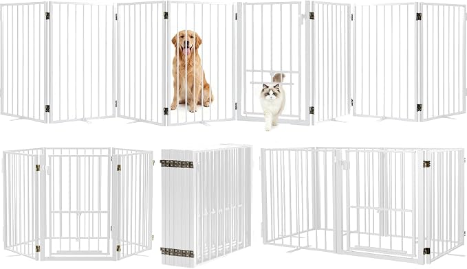 Metal Freestanding Dog Gate with Cat Door for Outdoor & Indoor,34" Tall Foldable Pet Fence,160" Extra Wide Free Standing Dog Gate for RV Camping,Stairs,Hallways,Doorways,Deck,Yard (8 Panels,White)