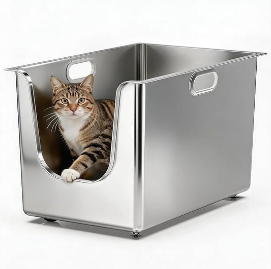 Stainless Steel Litter Box 13.7'' High Sides, XL Metal Cat Litter Box with Curved Low Entry, Cat Litter Pan for Big & Multiple Cats, Pet Toilet with Handy Wheels for Easy Moving
