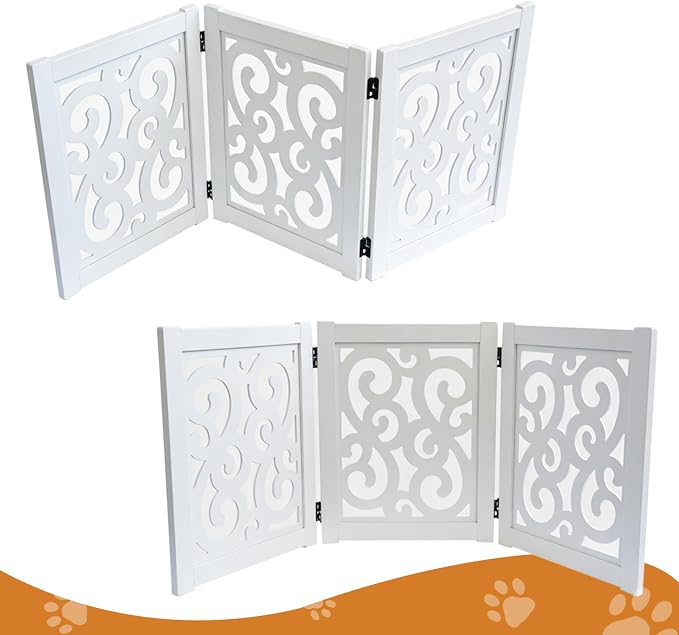 Ashfield & Harkness: 3-Panel Pet Gate - Scroll White - Wooden Foldable Freestanding Fence, Small Dogs & Puppy, 48 x 19.3, Indoor-Doorway-Halls-Stairs