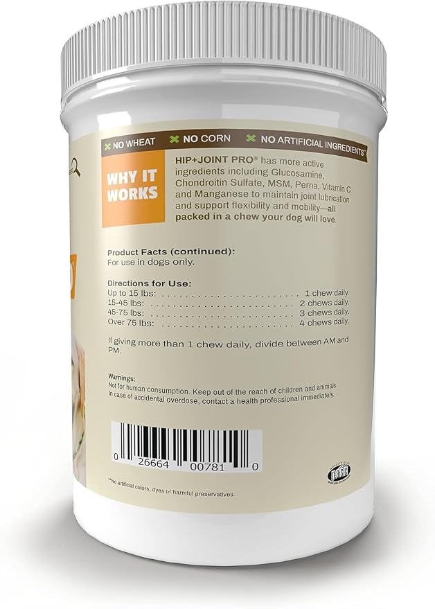 Pet Naturals Hip and Joint Pro Supplement with Glucosamine, Green-Lipped Mussel, and Chondroitin for Dogs, Duck Flavor, 130 Chews