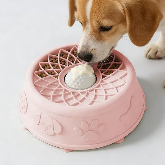 Slow Feeder Dog Bowl with Rolling Ball, No Spill Silicone Pet Lick Bowl for Dogs and Cats, Anti Slip Suction Base, Interactive Pet Feeder for Slower Eating and Cleaner Mealtime (Pink)