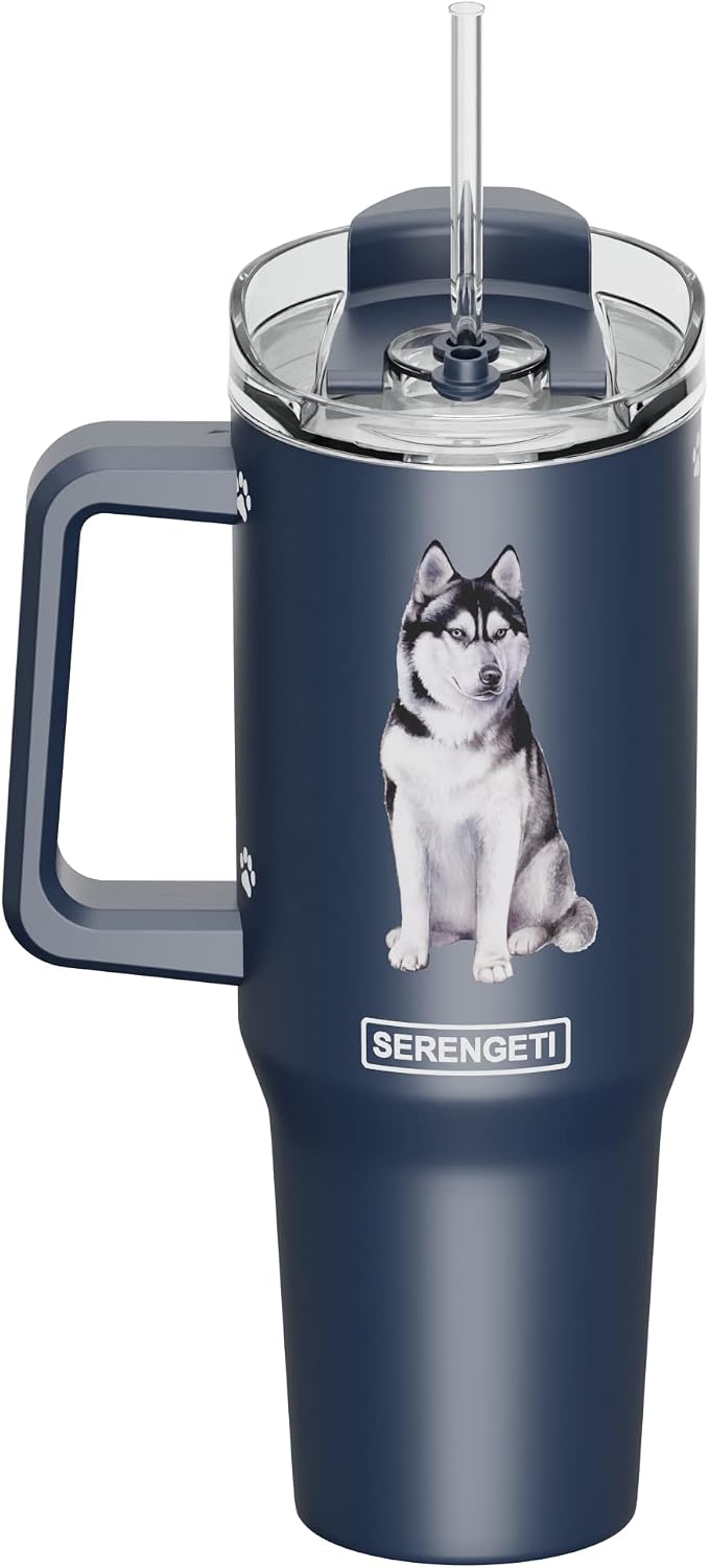 SERENGETI 40 Oz Ultimate Tumbler with Handle and Straw - Vacuum Insulated Tumbler with Straw and Lid - Stainless Steel Travel Mug for Pet Lovers - 3D Designs of your favorite Dog (Siberian Husky)
