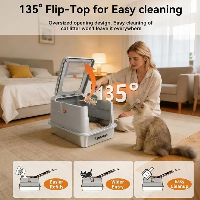 Stainless Steel Cat Litter Box, Enclosed Odor Control Extra Large Metal Litter Box with Lid, 135° Flip-Top Covered Design, Leak-Proof High Sided Box for Large Cats & Multi-Cat Homes, Gray