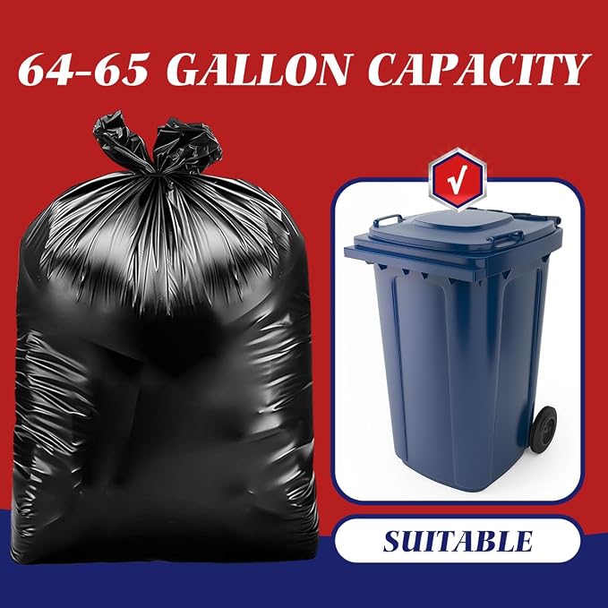 Teivio Black Large Trash Bags 64-65 Gallon 13 Count | Large Multipurpose | Fit 60,62,63,64,65 gallon Garbage Bin Liner | Kitchen | Lawn And Leaf Bags Outdoor Yard Waste Bag | Workshops Trash