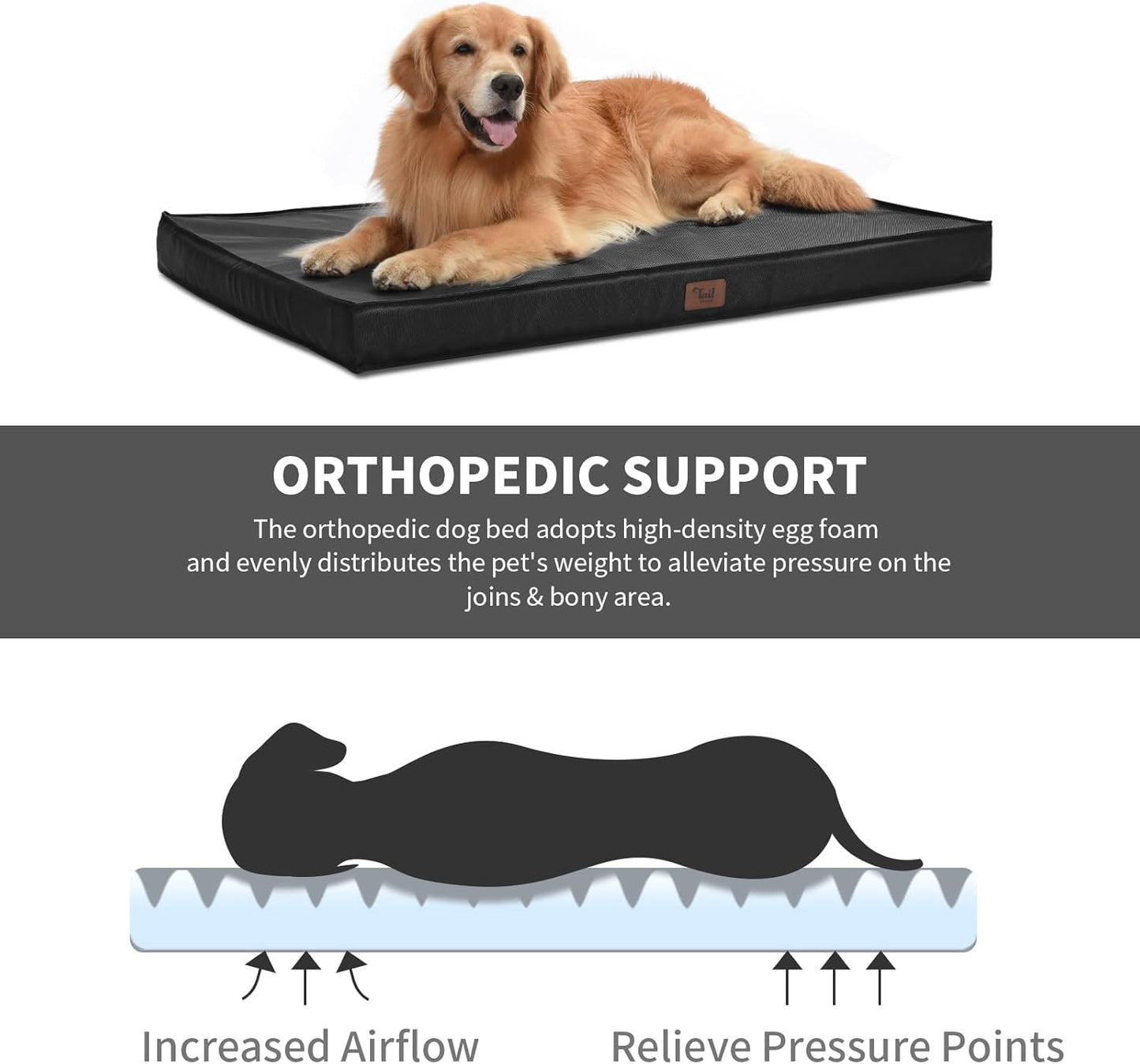 Outdoor Extra Large Dog Bed for Big Dogs, Waterproof Dog Bed for Large Dogs, Egg Crate Foam XL Pet Bed with Removable Washable Oxford Cooling Cover, Black