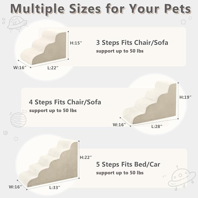 Dog Stairs Ramp, Curved 4-Step Dog Steps for Small Dogs and Cats, Pet Stairs for High Beds and Couch with Anti-Slip Washable Cover and Durable High Density Foam, Beige