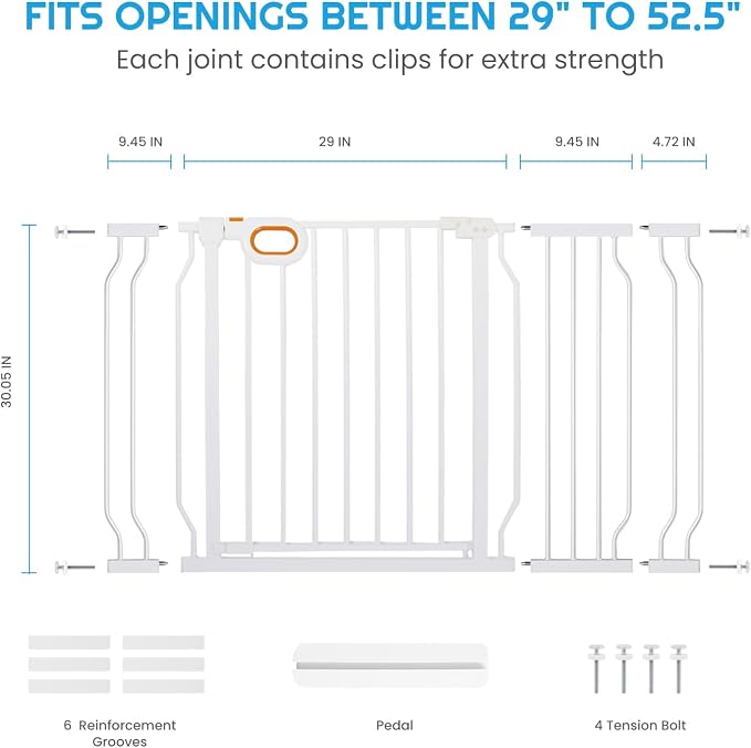 owlie Baby Gate for Stairs 29-52 Inch Wide, Safety Gate for Baby Adjustable Pet Gate with Door Pressure Mounted Gates for Kids Toddler Dogs Extension Kit Indoor Stairway Doorway White (30.5'' Tall)