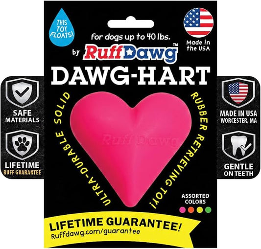 Ruff Dawg Indestructible Dawg-Hart (Heart) Medium 3” – Heavy-Duty Solid Rubber Dog Fetch Toy for Dogs Under 40 lbs – Floats & Crazy Bounce – Made in USA – Assorted Neon Colors