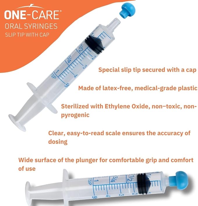 ONE-CARE 5ml Oral Syringe with Cap - Sterile, Individually Wrapped - 100 Syringes, Slip Tip, Uses include oral administration of medicine for infants, adults and animals