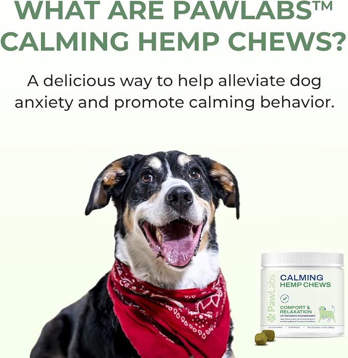PAWLABS Calming Hemp Chews for Dogs - Relieve Anxiety & Stress - Organic Hemp, Chamomile, Protein Powder, Valerian Root - Natural Calming Aid - Vet Formulated, USA Made - Duck Flavor - 120 Count