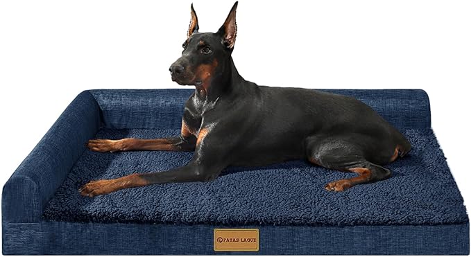 Patas Lague Orthopedic XL Dog Bed Large Sized Dog 42''X28'', Waterproof L Bolster Big Large Pet Sofa Beds with Removable Washable Cover, Soft Pet Couch Crate Mat with Nonskid Bottom, Navy Blue