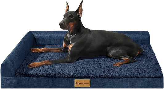 Patas Lague Orthopedic XL Dog Bed Large Sized Dog 42''X28'', Waterproof L Bolster Big Large Pet Sofa Beds with Removable Washable Cover, Soft Pet Couch Crate Mat with Nonskid Bottom, Navy Blue