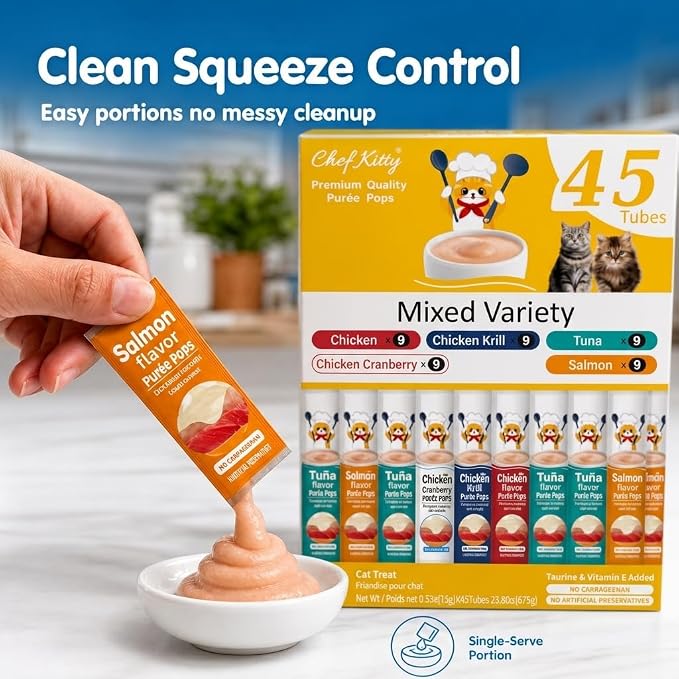 Cat Treats Lickable | Grain-Free Cat Food Toppers, High Protein | Creamy Puree Squeeze Ups with Vitamin E & Taurine, Digestible Formula | 0.5 oz. Each Tube, Chicken & Seafood Mix Variety | 45 Tubes