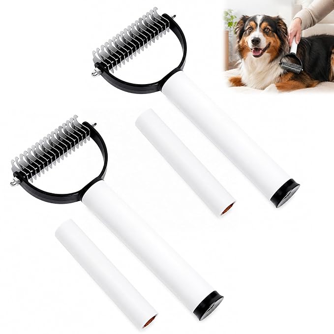Deshedding Dog Brush with Dual-Sided Shedding Blade, Undercoat Rake & Dematting Comb, 2-in-1 Pet Hair Removal Tool for Dogs and Long-Haired Cats (Brown-2PCS)