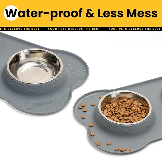 Conlun Dog Bowls with Silicone Feeding Mat,No Spill Food Water Dish Set,Dishwasher Safe,2 Stainless Steel Puppy Bowls with Dogs Bandanas,Suitable for Tiny Pets Under 8lbs,Extra Small,Grey