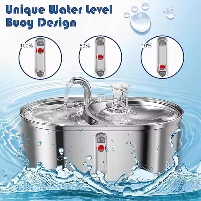 Dual Bowl Cat Water Fountain 3L/101oz,Stainless Steel Pet Drinking Fountain,2-in-1 Cat Bowls for Food-Wate(Water-Water),Ultra-Silent Automatic Dog Water Dispenser with Pump and 5 Filters