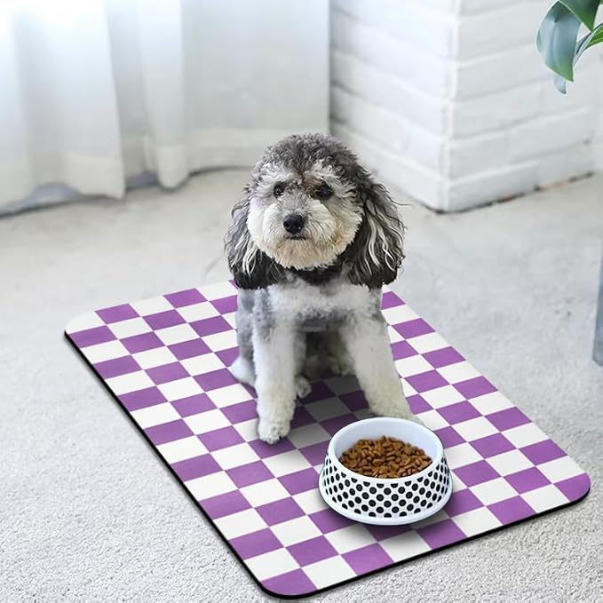 Dog Food Mats for Floors Waterproof, Pet Water Bowl Mats Pet Feeding Absorbent Placemats Plaid 24 * 32 inch
