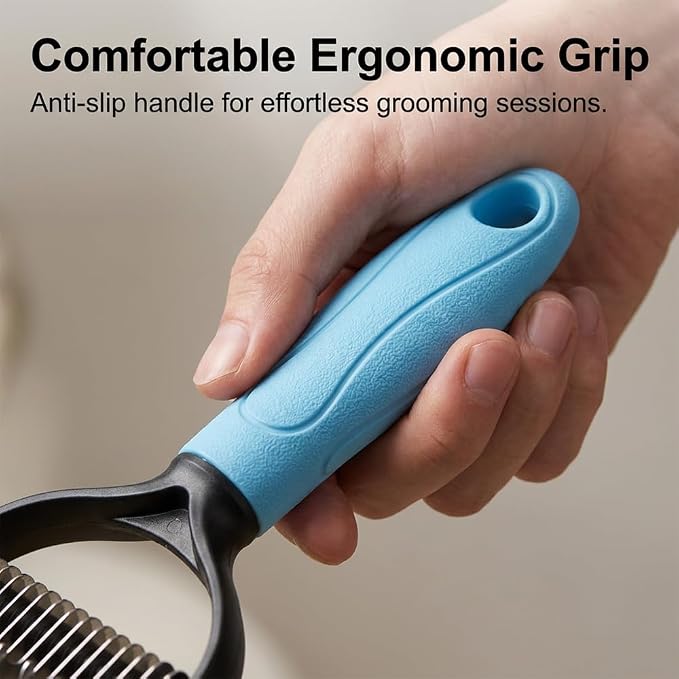 2-in-1 Dematting Comb for Dogs Cats, Double-Sided Undercoat Rake Deshedding Brush, Pet Pro Grooming Tool Removes Tangles Knots Fur, Gentle Grooming Brush for Long Haired Pets (2PCS, Blue)