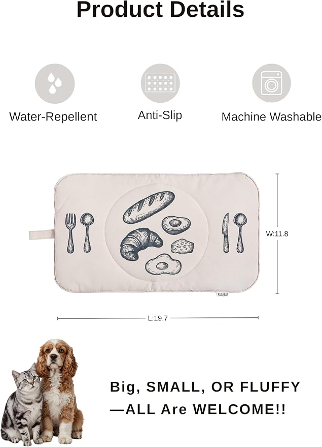 Quilted Pet Feeding Mat for Dogs and Cats, Soft Padded Placemat with Water-Resistant Fabric & Anti-Slip Silicone Backing, Machine Washable with Hanging Loop, 11.8x19.7 – Milk Tea Grey