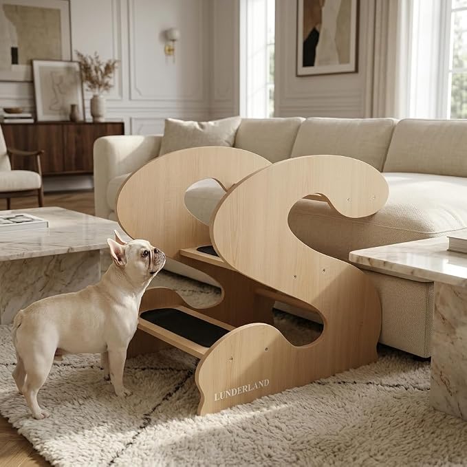 Wood Dog Stairs for Bed and Sofa (YellowMapleGrainPatten) | 3-Step Small Senior Pet 23¼ D x 16¾" W x 19⅜ H,Trainer-Recommended Wood Ramp Steps
