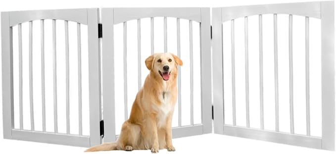 Tabago Foldable Freestanding Wooden Pet Gate 24"x20" – Expands up to 60", White Dog Gate for Small Pets, Stylish Indoor Barrier for Doorways & Hallways (White, 24" H x 60" W)