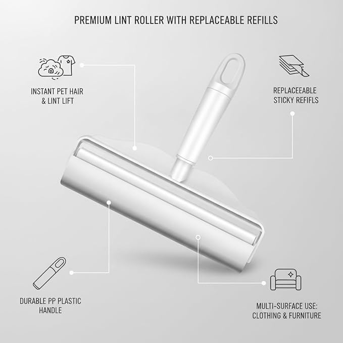 Lint Roller with Replaceable Sticky Refill, PP Plastic Handle for Pet Hair and Lint Removal from Clothing and Furniture