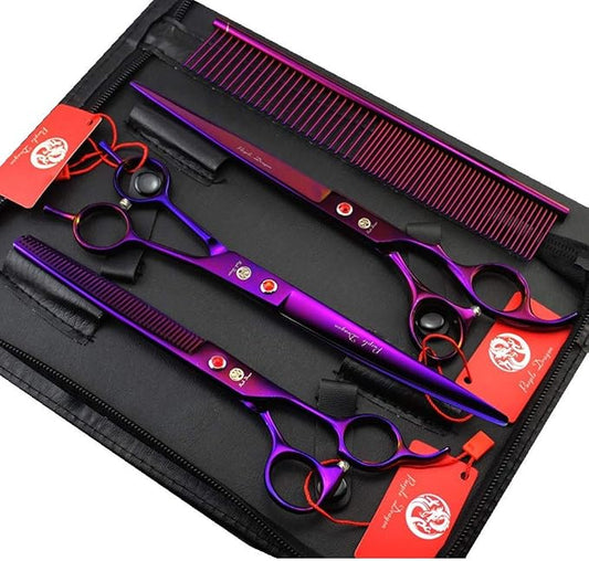Purple Dragon 8.0" Titanium Multicolor Professional Pet Grooming Scissors Set,Straight & Thinning & Curved Scissors Shear with Bag for Dog Cat Grooming