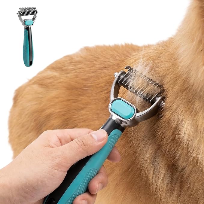Double-Sided Pet Grooming Rake, Extra Wide Deshedding Tool for Long Hair Dogs & Cats, 2-in-1 Undercoat Rake with Stainless Steel Teeth, Pet Comb for Loose Hair (Small)