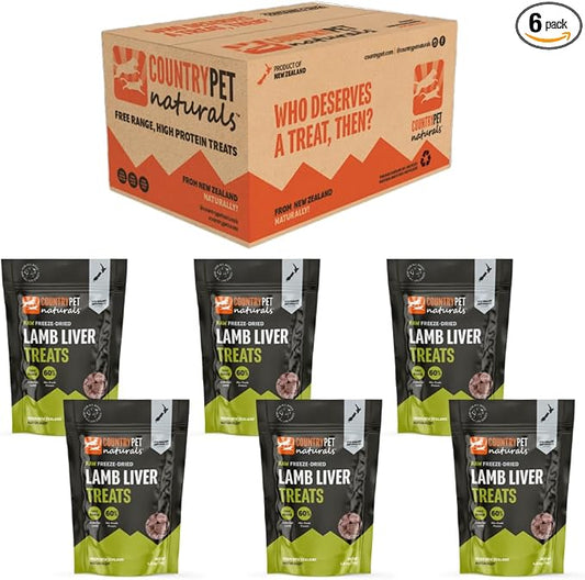 New Zealand Raw Freeze-Dried Lamb Liver 60% Protein Bites 100% Grass-Fed, Premium, Single Ingredient, Grain & Gluten Free Dog Treat & Topper. No Crumbling 6-Pack