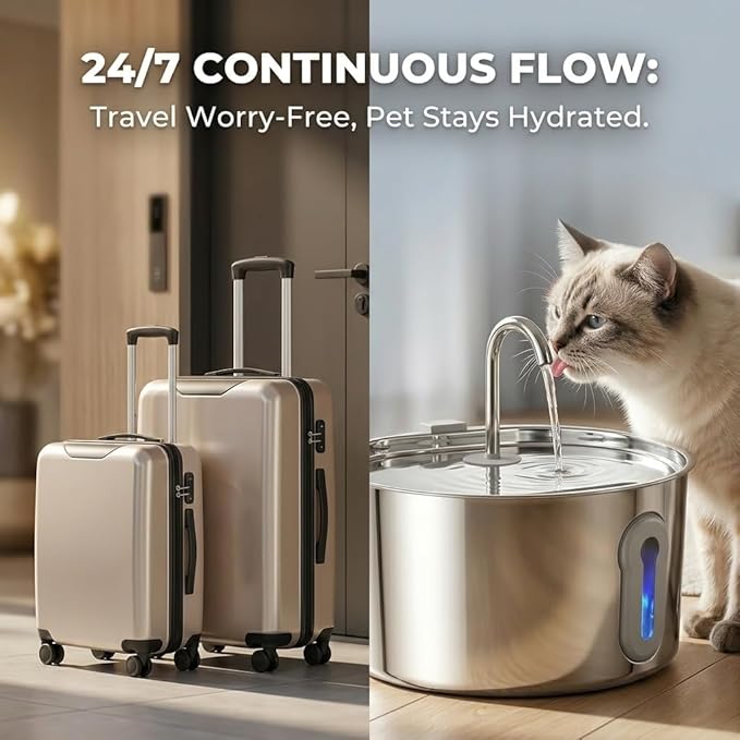 Stainless Steel Cat Water Fountain, 135oz/4L Automatic Pet Fountain Dog Water Dispenser with Ultra-Quiet Pump & 2 Replacement Filters & for Cats Inside, Dogs, Multiple Pets
