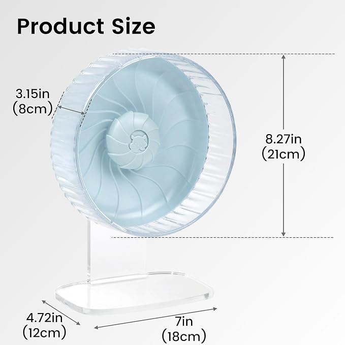 Silent Hamster Wheel, 8in Hamster Wheel with Adjustable Stand, Double-Bearing Quiet Spinner for Syrian Hamsters, Hedgehogs, Mice & Small Pets, Blue