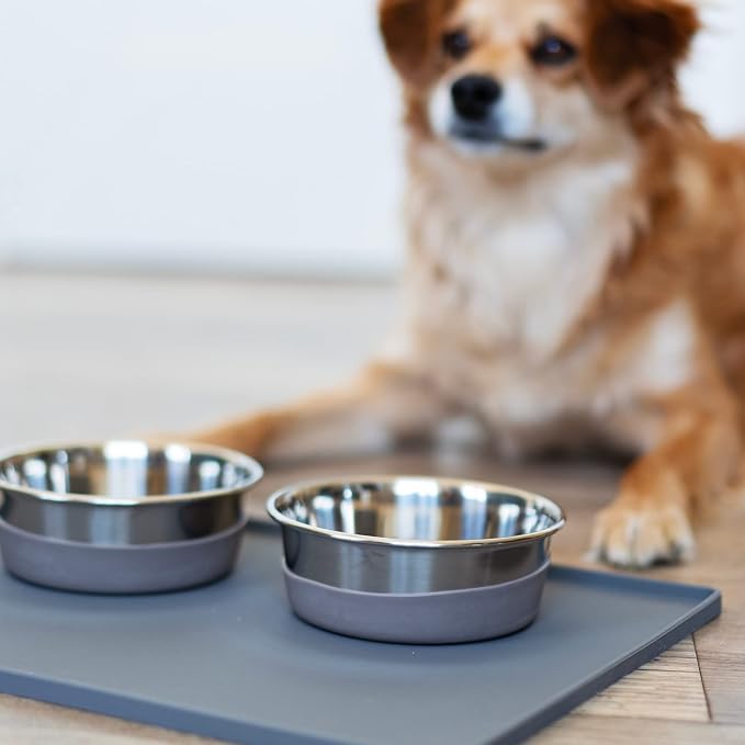 Messy Mutts Silicone Non-Slip Dog Bowl Mat with Raised Edge and Two Sides Reinforced with Metal Rods | Dog/Cat Bowl Mat with Spill-Proof Lip | Large, 24” x 16” | Dark Grey