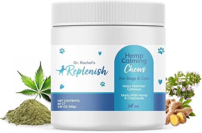 Replenish Hemp Calming Chews for Dogs - Pet Calming Chews – Can Help Relieve Stress from Separation, Storms, Fireworks & Travel – Calming Treats for Cats Stress Support – 60 Count
