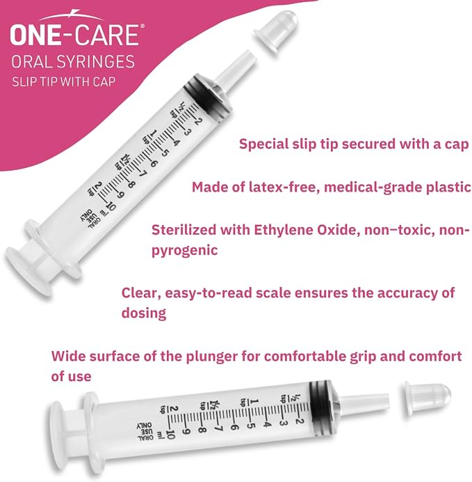 Pack of 100, ONE-CARE 10ml Oral Syringe with Cap, Latex-free, 100 Oral Dispensers - 10ml, Prolonged Slip Tip, Uses include oral administration of medicine for infants, adults and animals