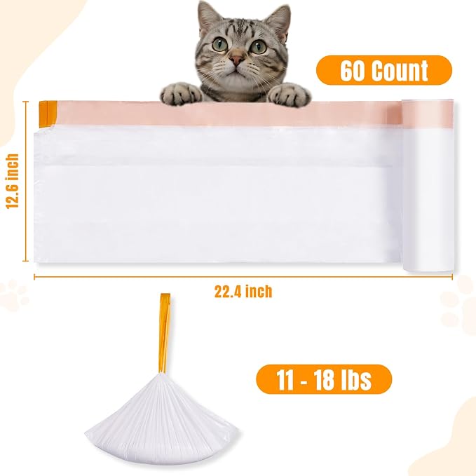 60 Count Cat Litter Liner Self Cleaning Cat Litter Box for Multiple Cats Drawstring Cat Litter Box Robot Bags 4 Rolls 22.4" x 12.6"