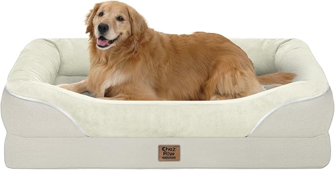 Chez Paw Large Orthopedic Dog Bed for Extra Large Dogs, Waterproof XL Egg-Crate Foam Dog Bed with Removable Washable Cover & Non-Slip Bottom, 4-Sided Bolster Support, Beige 42"x30"x7.5"