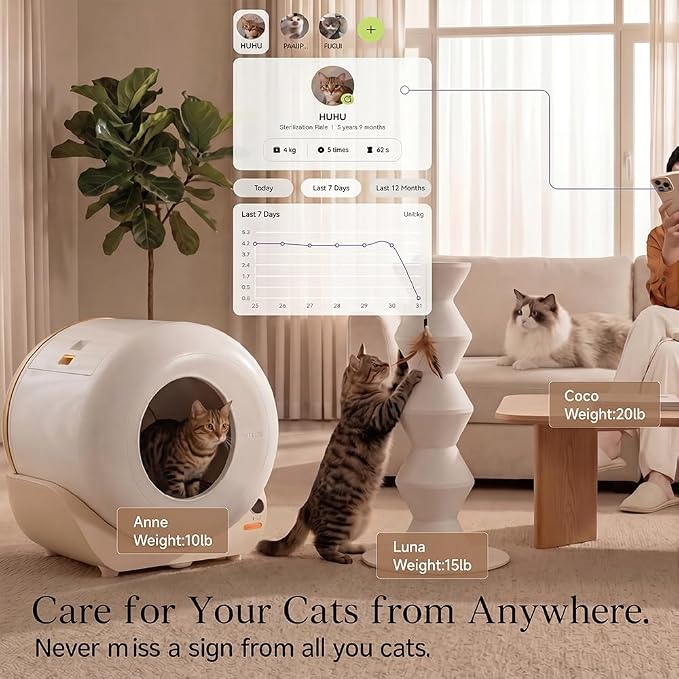 Furrytail Automatic Litter Box Self Cleaning, Kitty Litter Box, Smart Safety Sensors, Advanced Odor & Leak Control, Large Capacity for Multi Cat Homes, with App Control & 40 Trash Bags,Cream